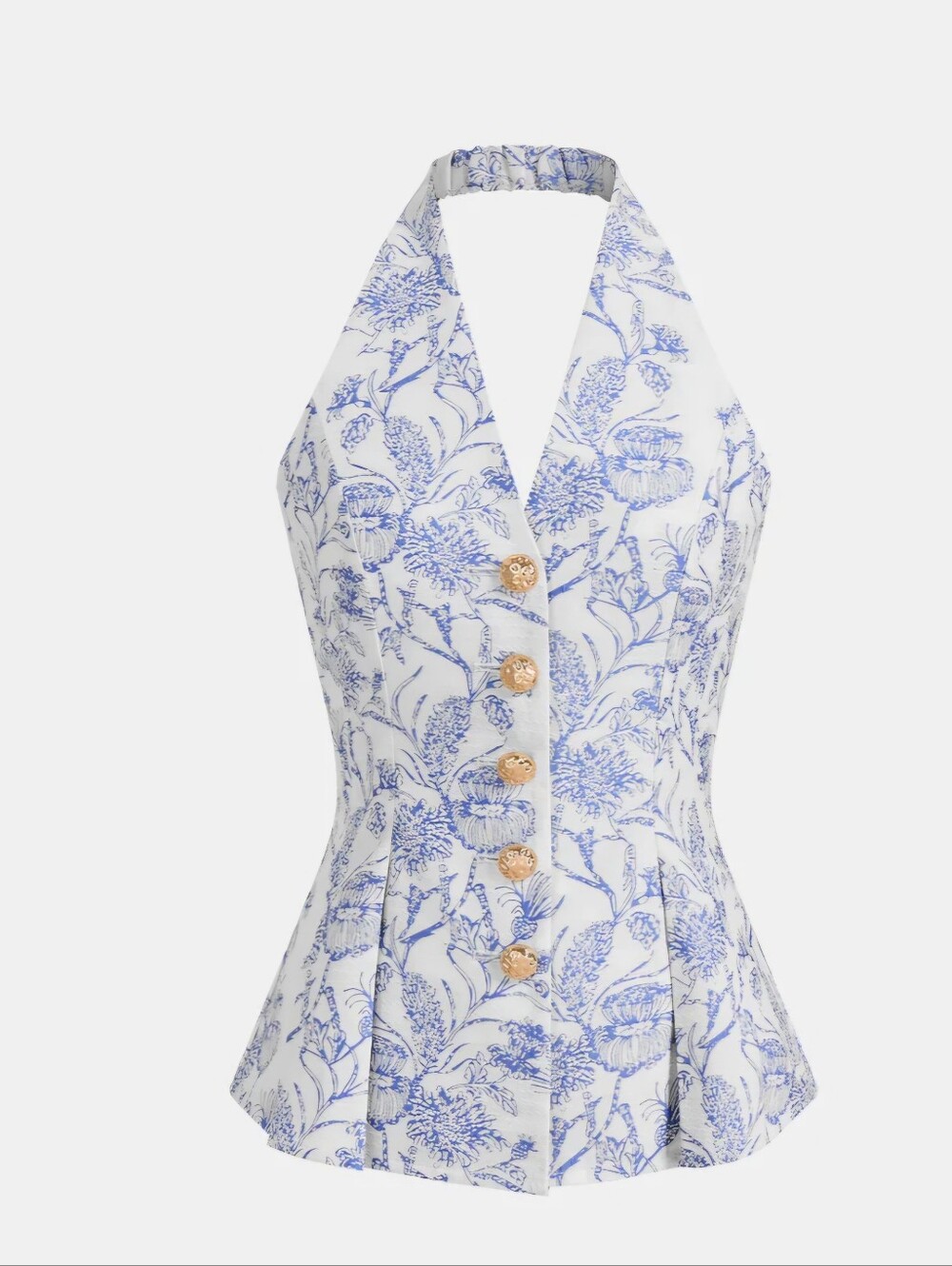 Commense Blue Floral Halter Button-Front Vest Top Size L
